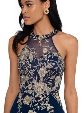 NWT Betsy & Adam Embellished Navy Halter Evening Dress, Sz 8